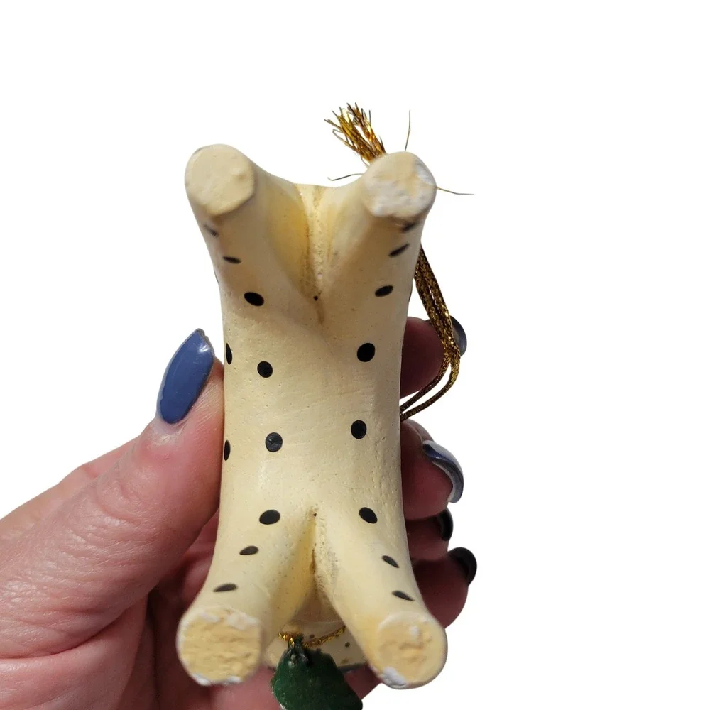 Vintage Hand Painted Wooden Cat Ornament Polka Dot Folk Art Christmas Holiday